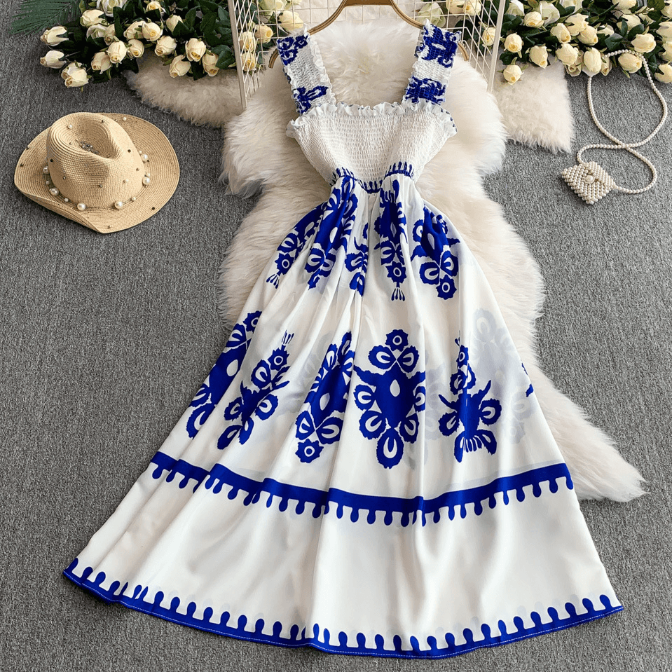 Women’s Clothing Summer New Design Sense Wood Ear Edge Sleeveless Suspender Dress Women's Print Waist Slim Long Skirt