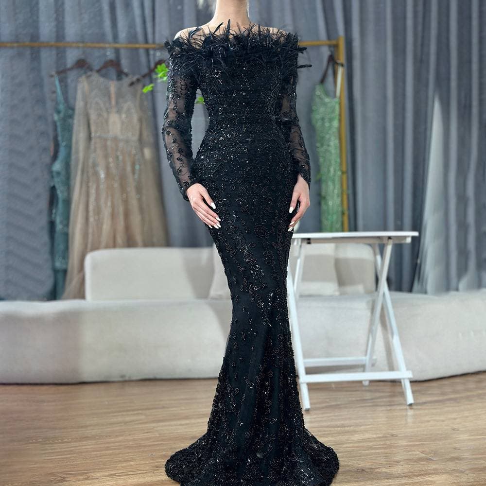 Elegant Black One-Shoulder Feather Fishtail Evening Dress - Light Luxury, Celebrity Banquet & Host Gown