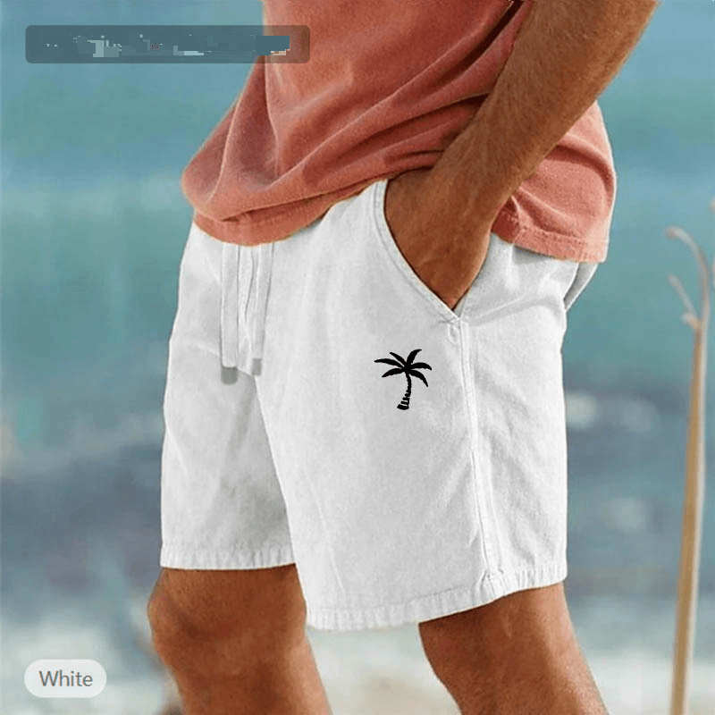 Coconut Print Cotton And Linen Shorts Drawstring Elastic Waist Solid Color Breathable Beach Five Point Casual Pants