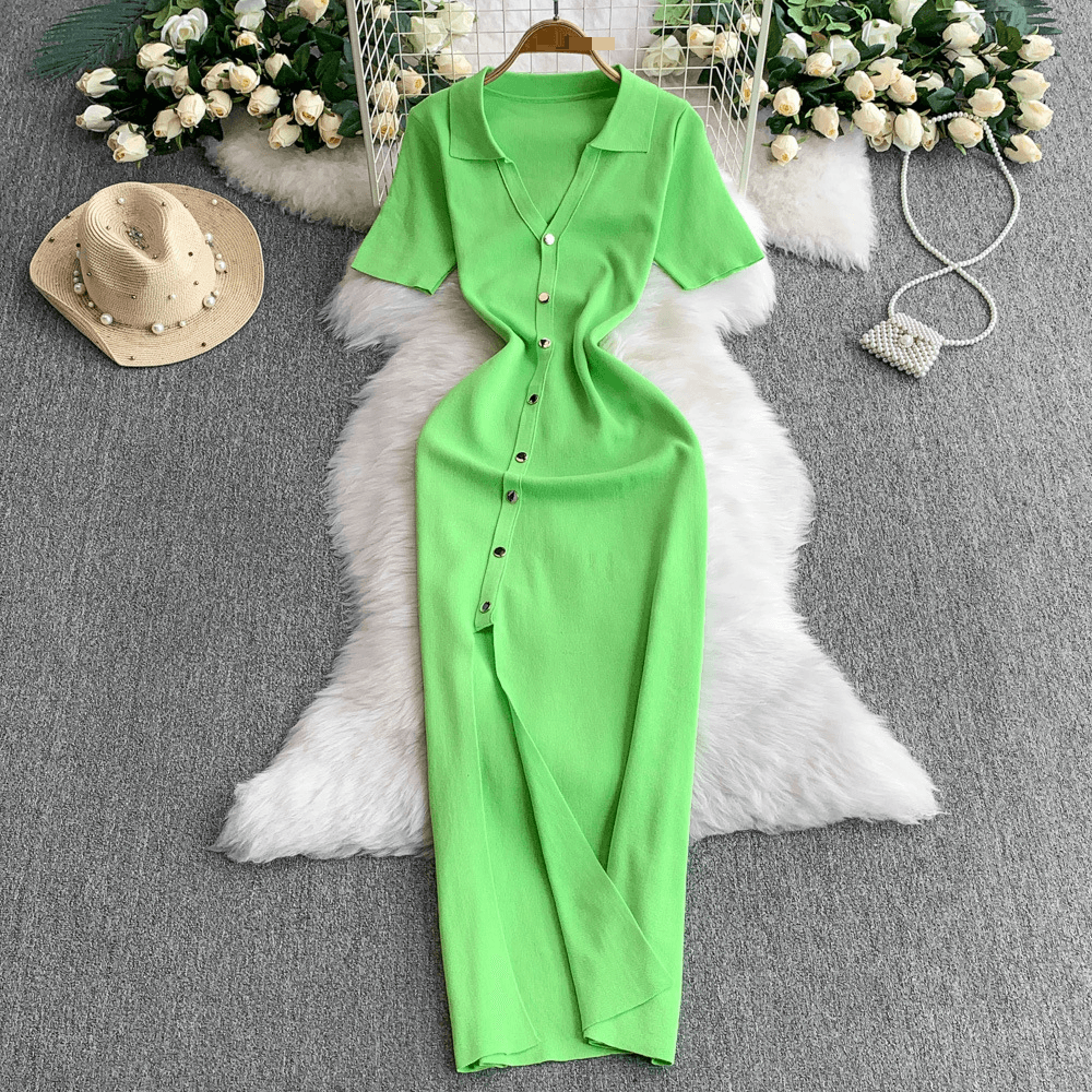 Women's Clothing V Neck Single Breasted Dress Feminine Knitted Waist Slimming Slit Long Skirt