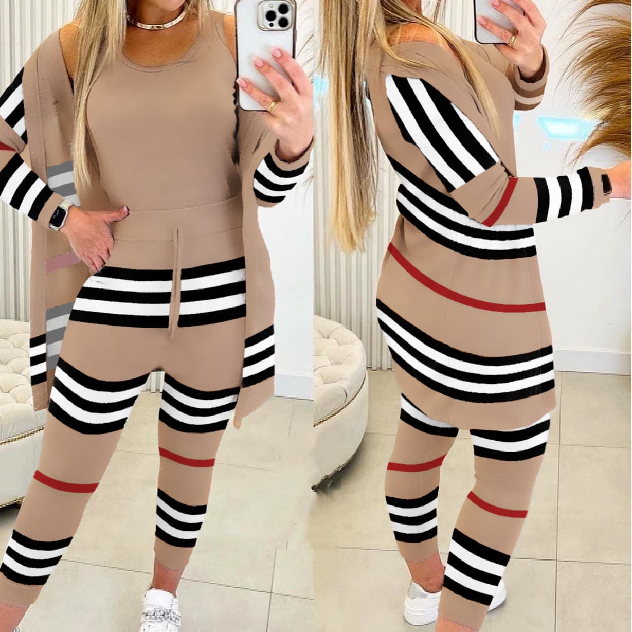 Women's khaki retro striped mid-length cardigan + vest suit tights