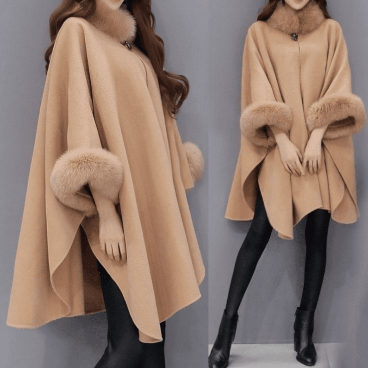 Women when fox fur collar medium long wool coat temperament cape cape cape coat