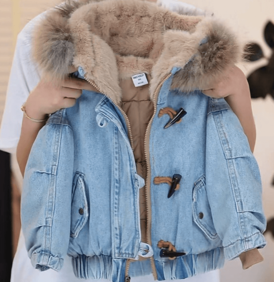 Kids' Winter Denim Jacket - Thickened Fleece-Lined Hooded Coat | Vintage Wash