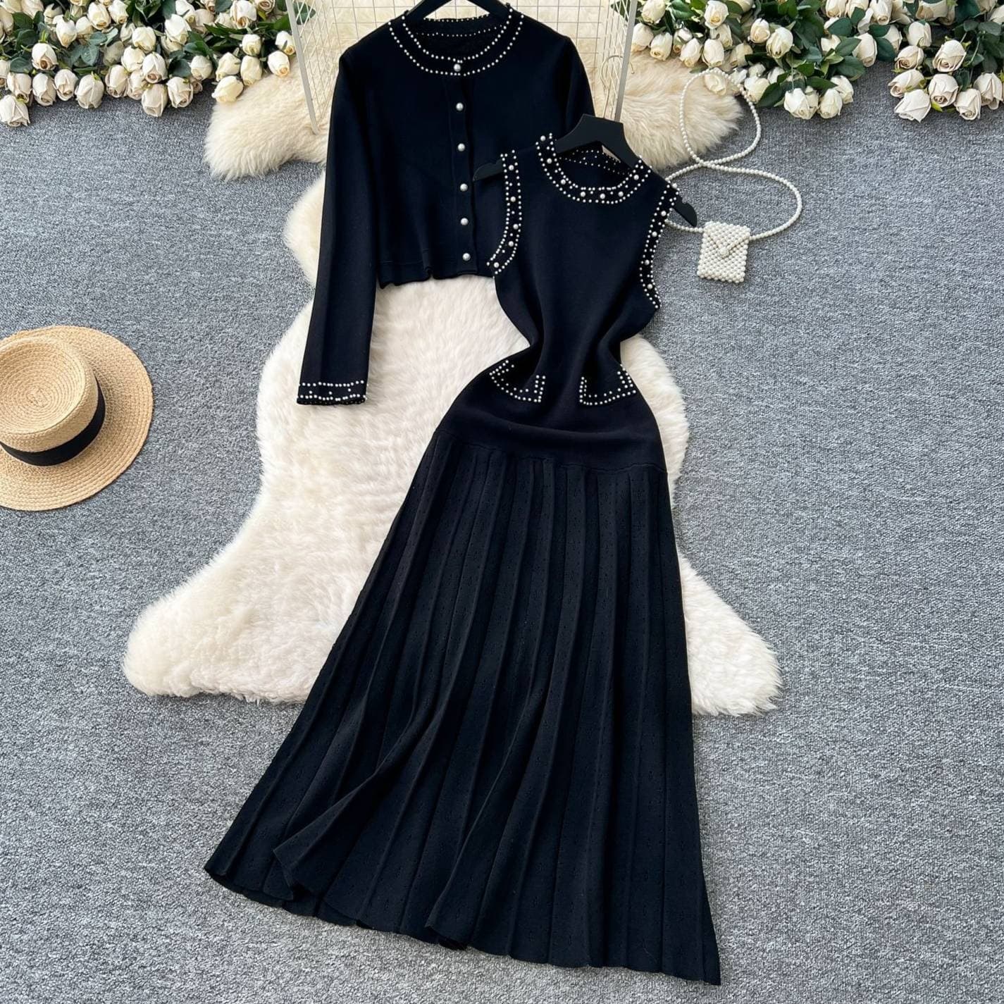 Elegant Knit Dress & Cardigan Set – Pearl Embellished Sleeveless Shift Dress With Long-Sleeve Cover-Up (Black, Beige)
