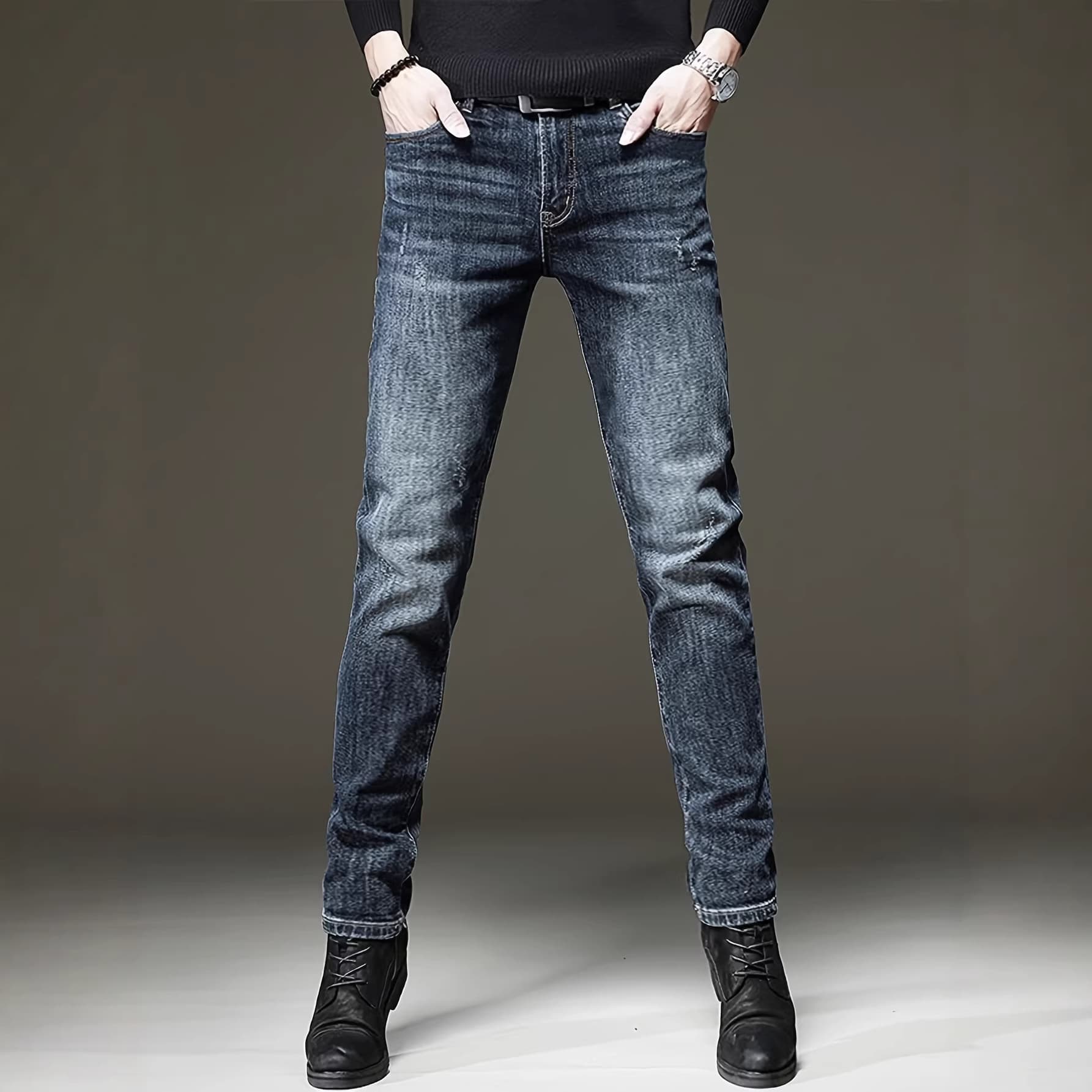 Men's Stretch Denim Skinny Jeans Dark Blue Slim Fit Multi Layered Construction Simple Design Trousers
