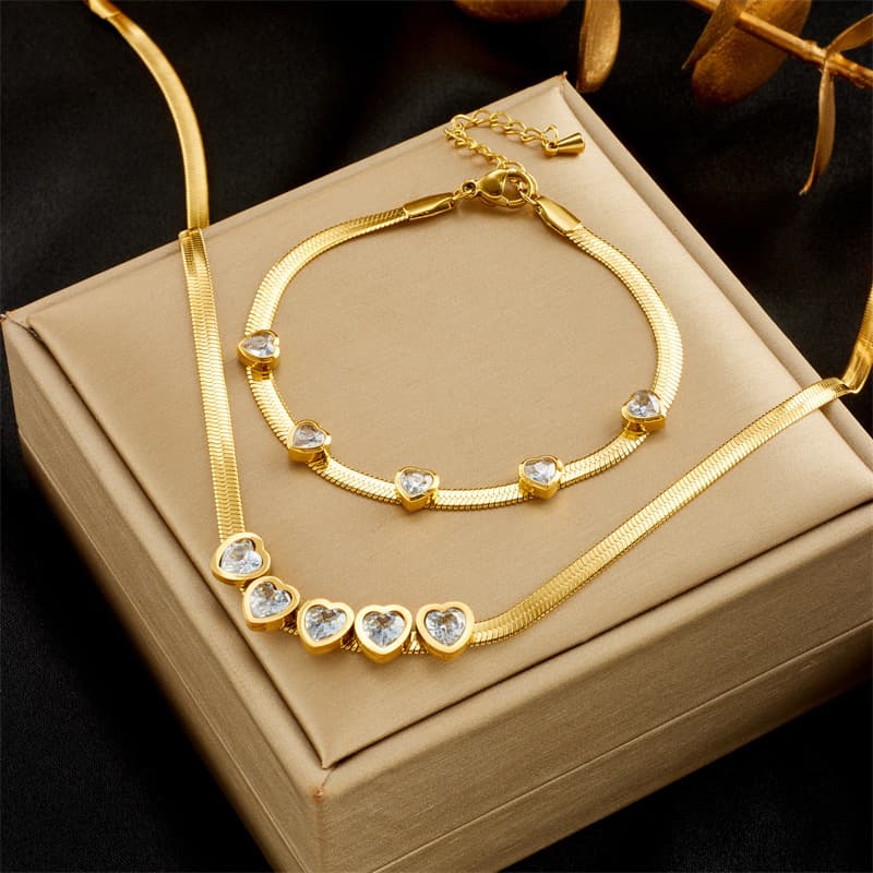 European and American fashion light luxury simple high-end transparent love zircon accessories titanium steel snake bone necklace bracelet set