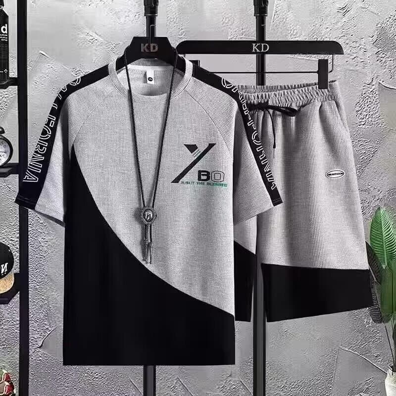 Teen Boys' Waffle-Knit Summer Outfit Set – Breathable Short-Sleeve T-Shirt & Athletic Shorts For Casual & Sports Wear (M-5XL, Grey/White/Black)