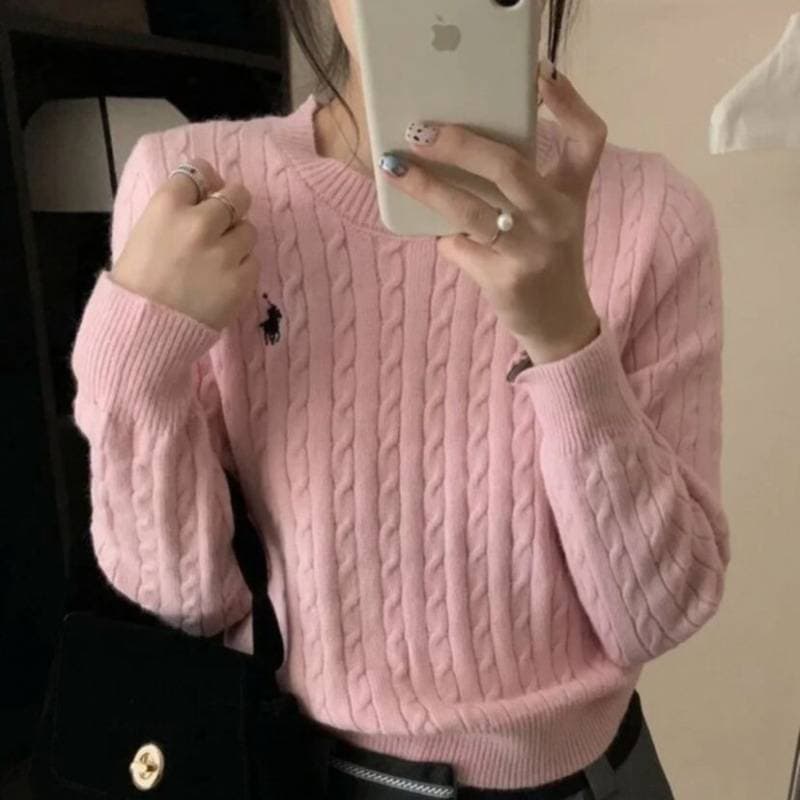 Haut ample en maille brodée pour femme, collection automne-hiver, pull blanc chic à manches longues en maille torsadée.