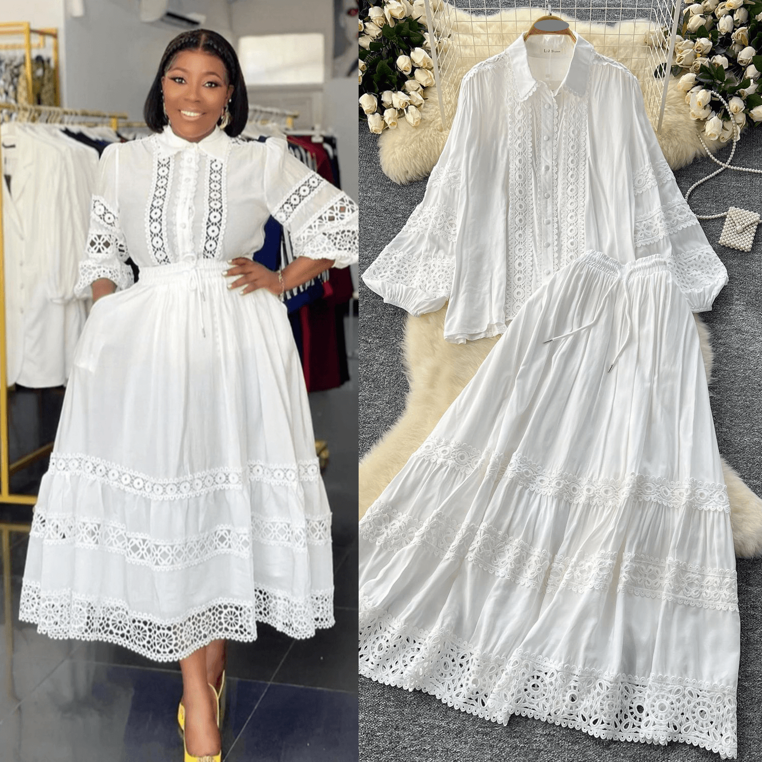 Women's Clothing Age Reducing Suit For Women, High Grade Hollow Lace Splicing Lantern Long Sleeved Shirt + High Waisted Slim Fitting Skirt