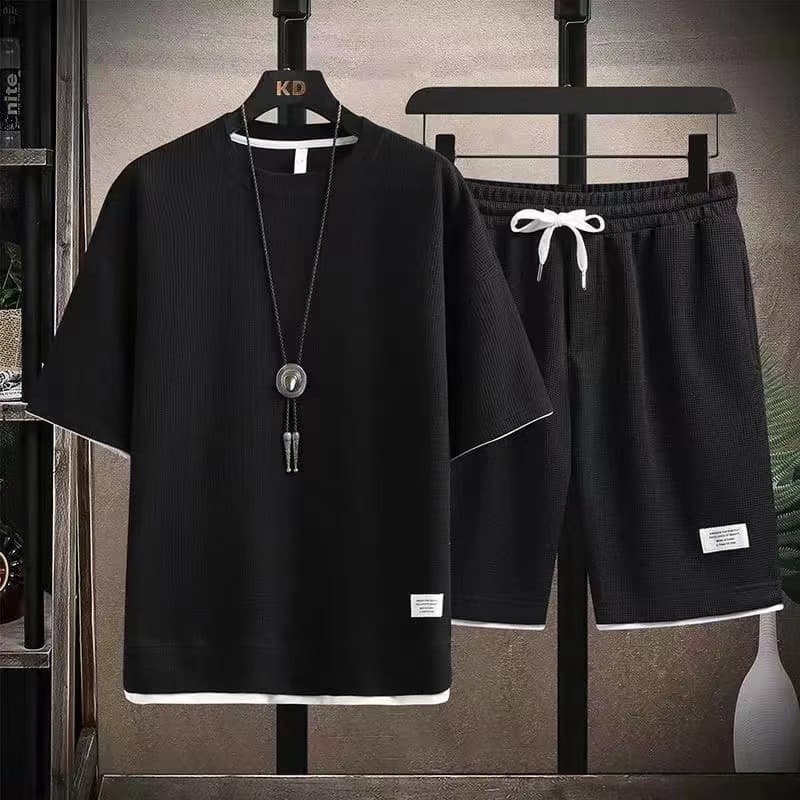 Men's Clothing Men's Sportswear Suit Waffle Suit Summer Short Sleeved T Shirt + Shorts 2 Piece Sports Suit