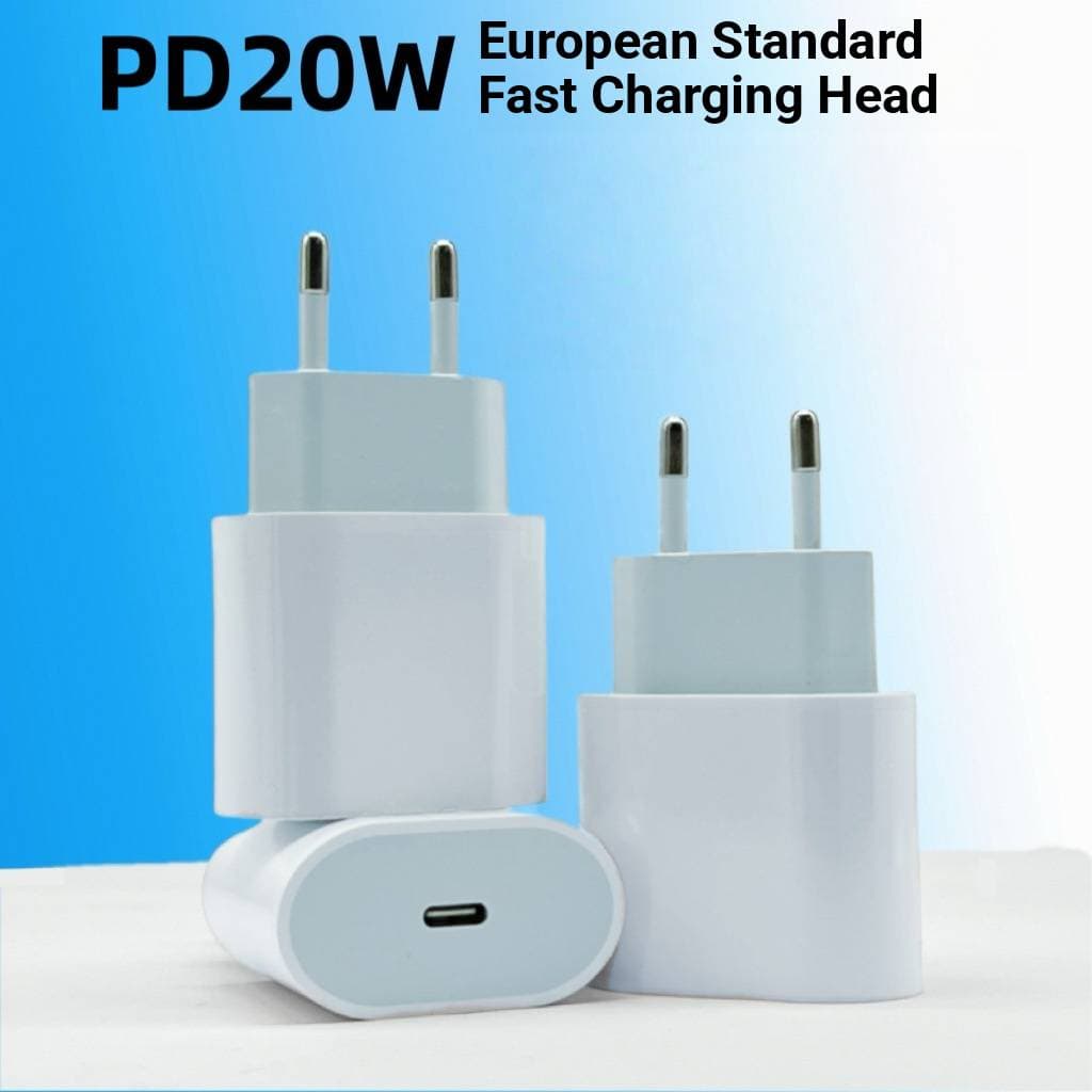 20W PD Fast Charger With Type-C Cable – Compatible With IPhone 15/14/13 & IPad (EU Plug, White, Includes 6A Fast Charge Cable)