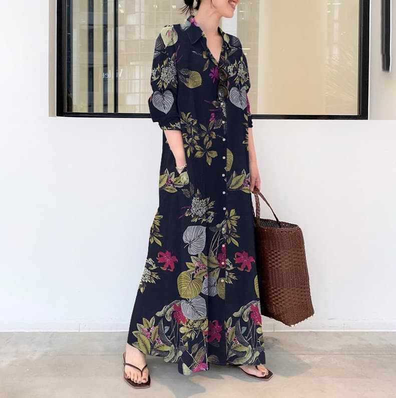 Women's casual Cotton and Linen Printed Lapel Long Sleeve Pocket Simple Loose Casual Long Shirt Dress