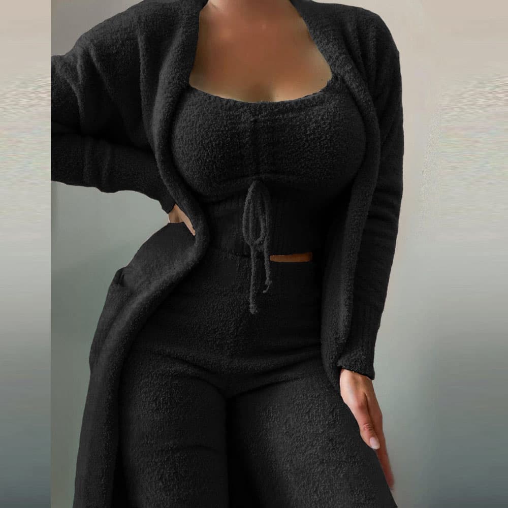 Women's fashion fashion casual plush lace-up cardigan 3 pantsuits
