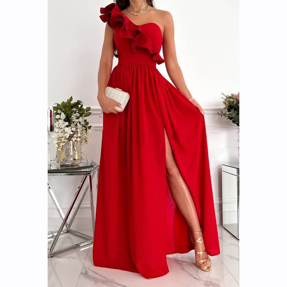 women's solid color oblique collar fashion mesh splicing high waist slit dress