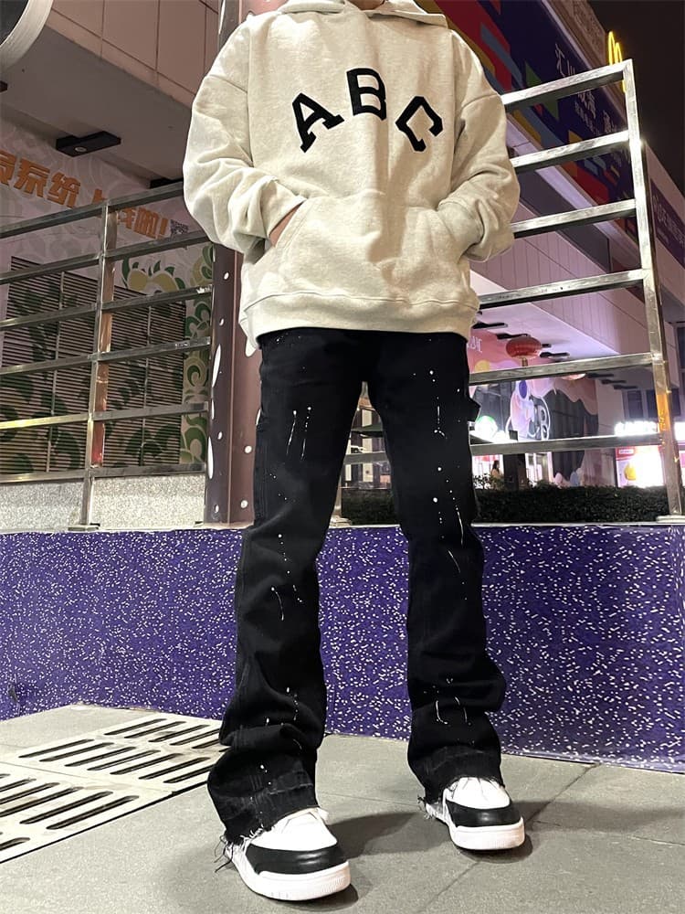 Man's clothing High street fashion brand splash ink micro flared jeans men retro vibe style loose straight casual floor length trousers
