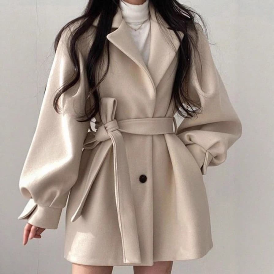 Women’s Elegant Tie-Waist Wool Coat – Long Sleeve Winter Overcoat In Soft Apricot