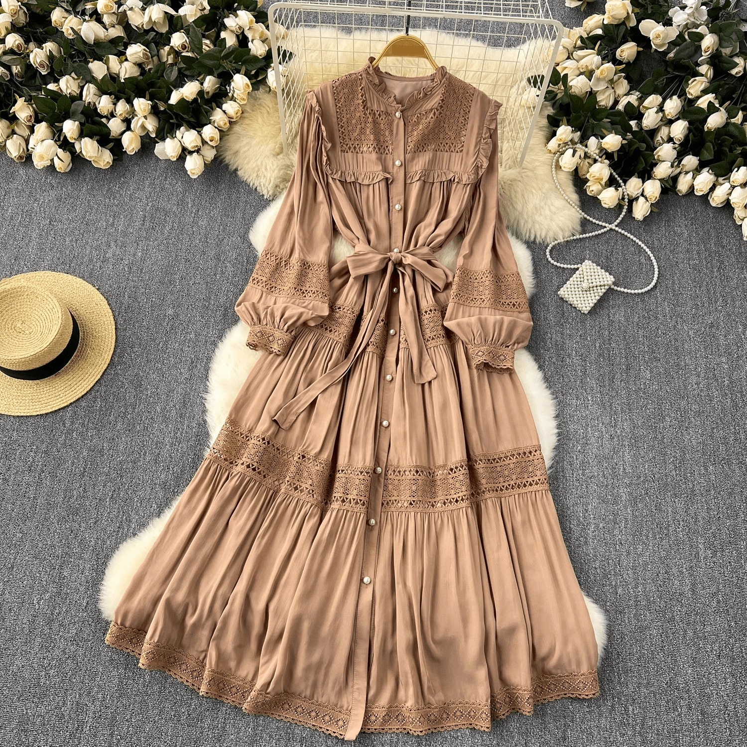 Women's Clothing Cool Style Dress Heavy Lace Patchwork Receiving Waist Strap Temperament Long Swing Holiday Dress