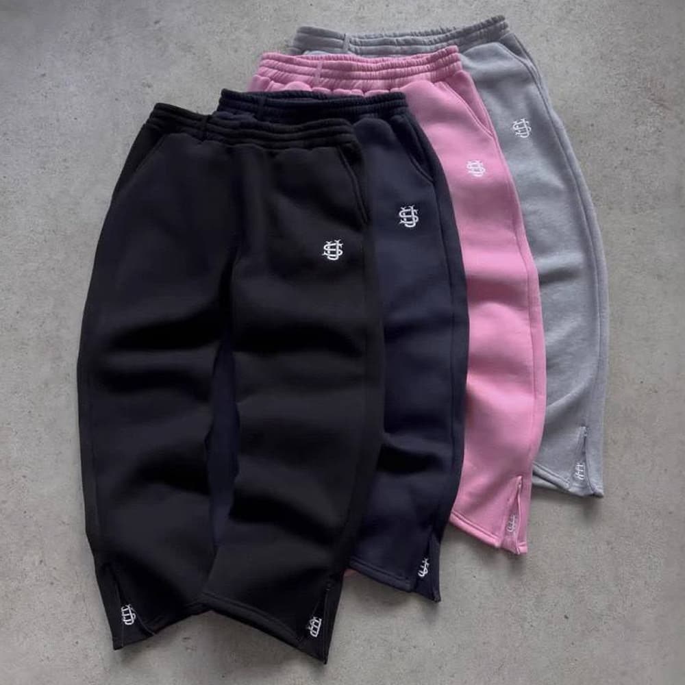 Men's & Women's Streetwear Embroidered Joggers - 90% Polyester Hip-Hop Sweatpants (Light Gray/Black/Pink, S-3XL)