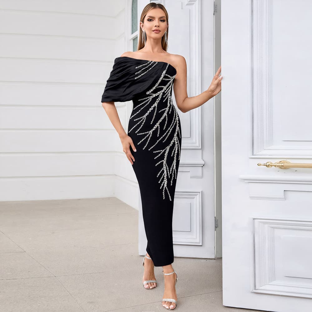 Slim-Fit Bandage Dress With Rhinestone Details – Elegant Backless Evening Gown For Women (S-XL, Black/Rose/White, Spring Collection)