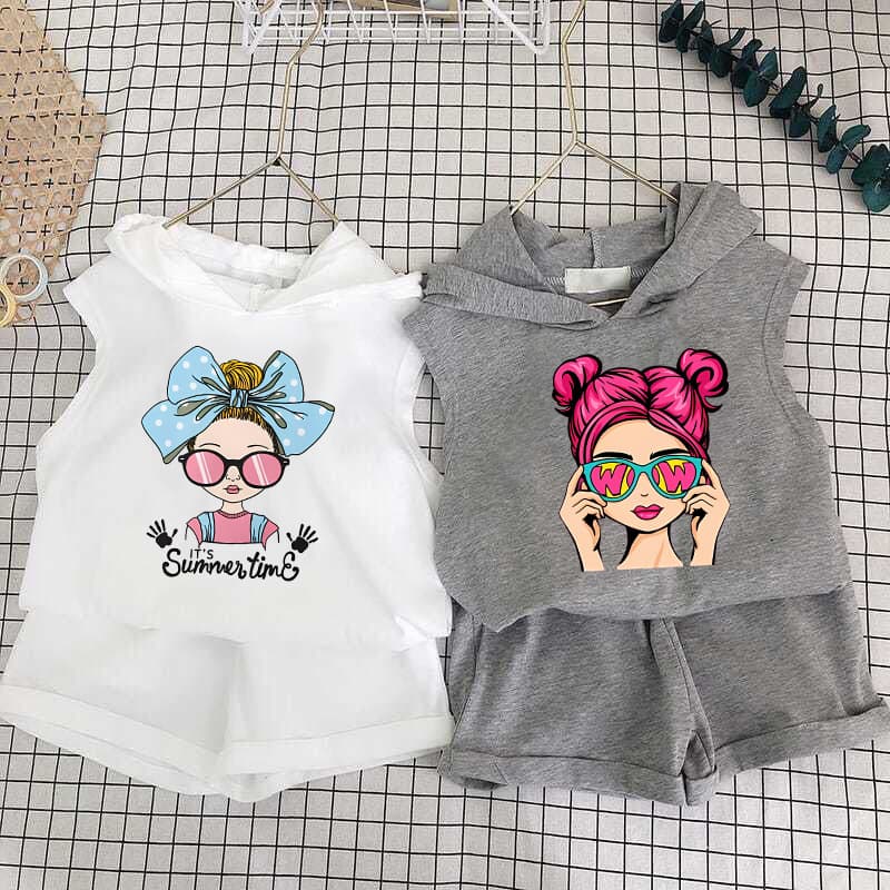 Children's Clothing 2025 New Girls Shorts Suit Hooded Two Piece Korean Style Fashion Cartoon Vest Trend