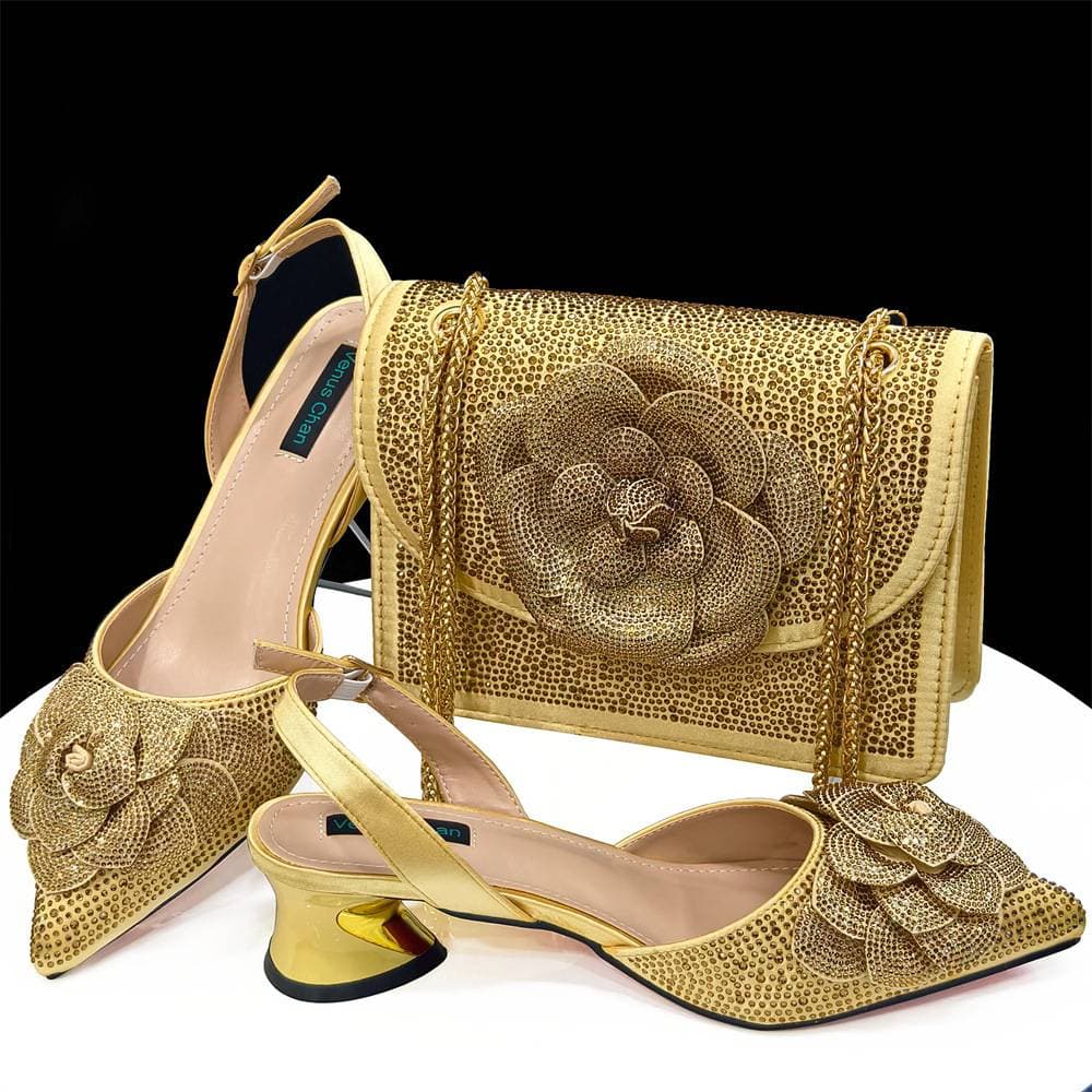 Women's Pointed Heels – 7cm Stiletto With Crystal Accents + Floral Shoulder Bag Set