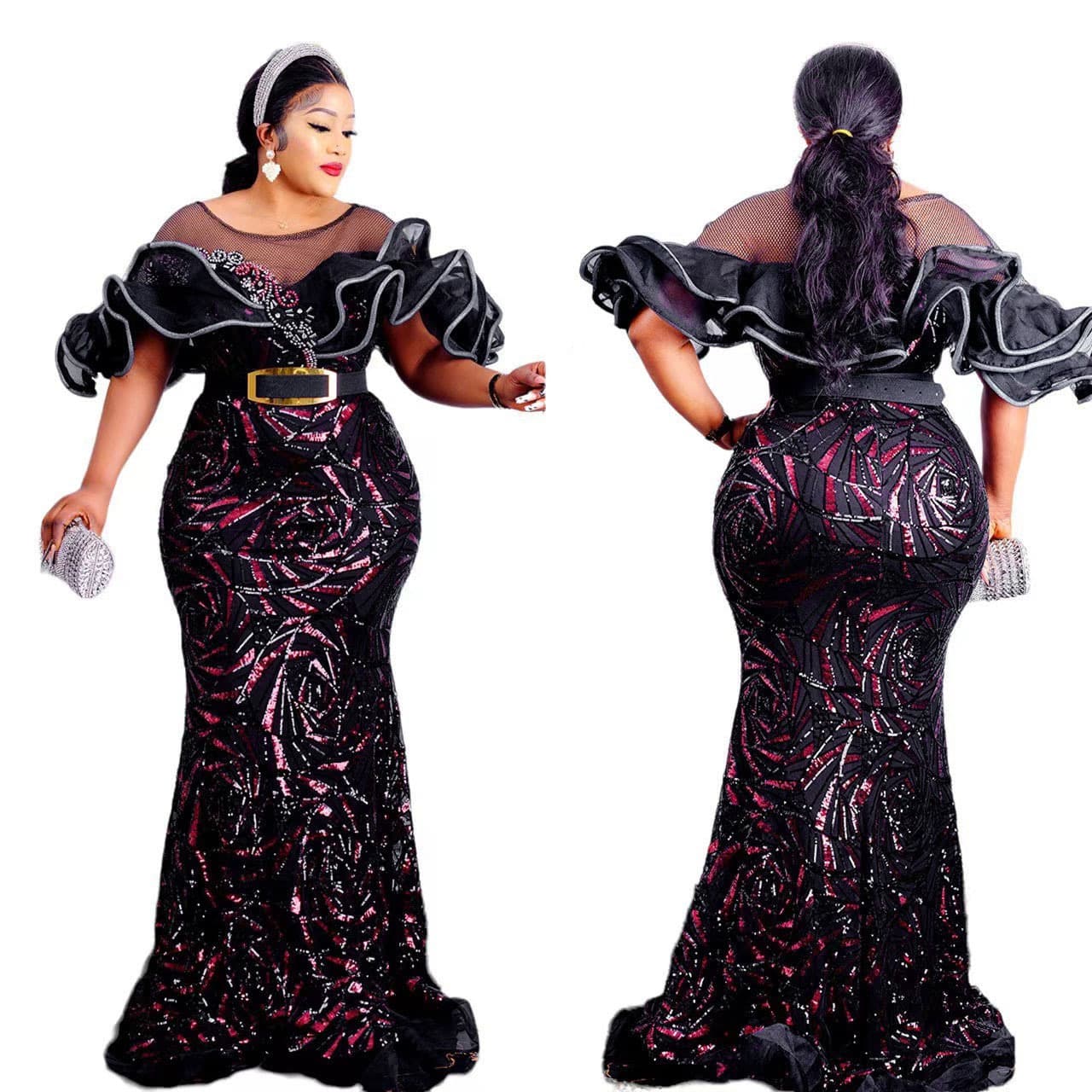 Women's Clothing Rose shaped sequins slim mermaid evening dress long skirt one shoulder lotus leaf luxury women's clothing