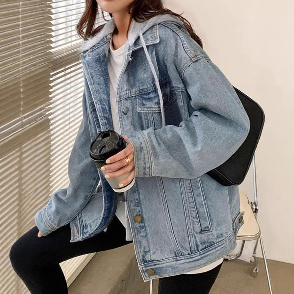 Women's Clothing Casual Denim Hooded Jacket – Loose Fit, Lightweight & Stylish For Spring & Fall (Black, Blue)
