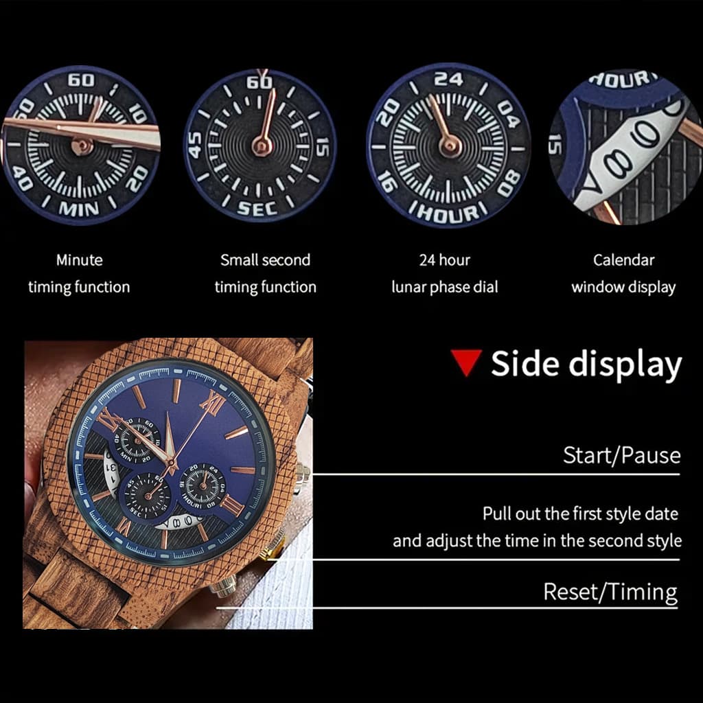 Wooden For Men Wood Watches Men's Fashion Three-Eye Six-Hand Multi-Function Quartz Watch