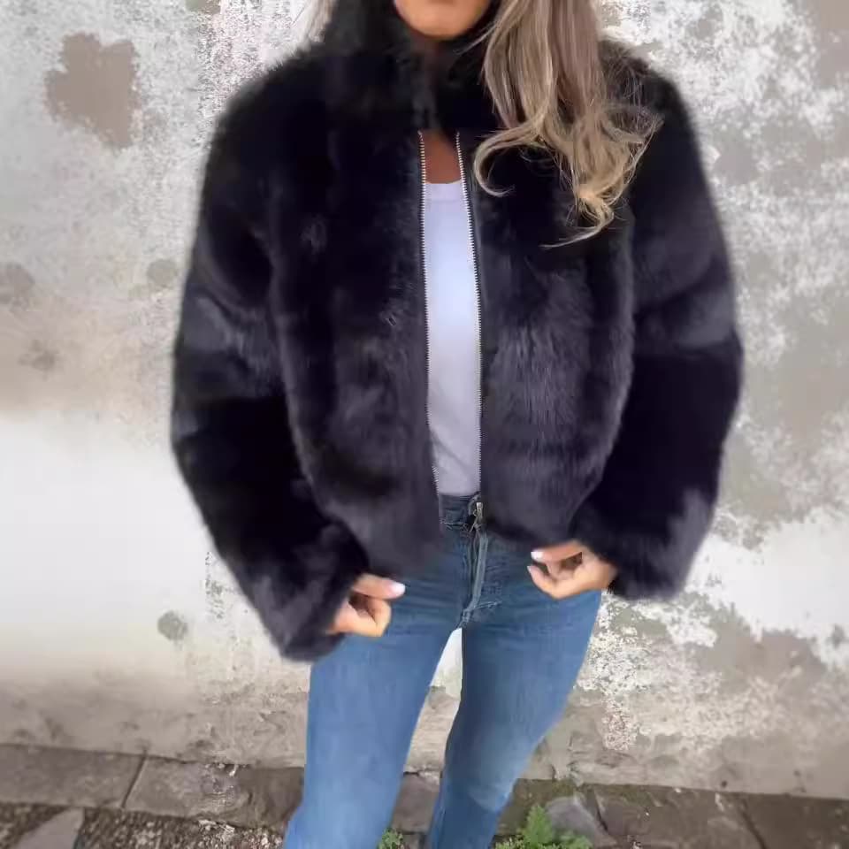 Women's Clothing new autumn and winter women's fur high collar zipper casual tops jacket