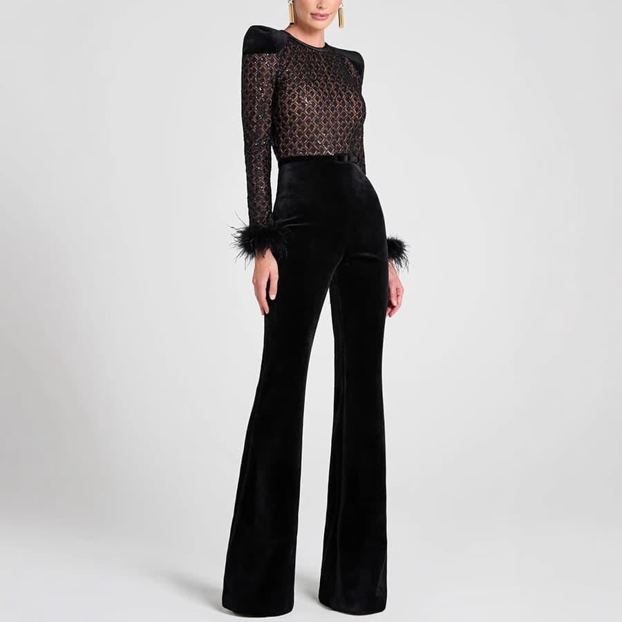 Women's Clothing autumn and winter new gold velvet stitching long sleeved jumpsuit casual party women's trousers