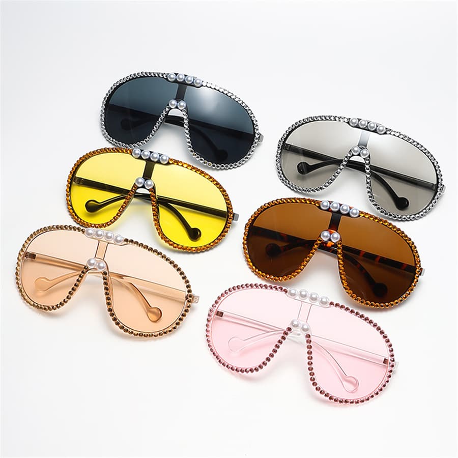 Unisex large frame integrated frog mirror personality diamond inlaid luxury one piece fashion pilot sunglasses