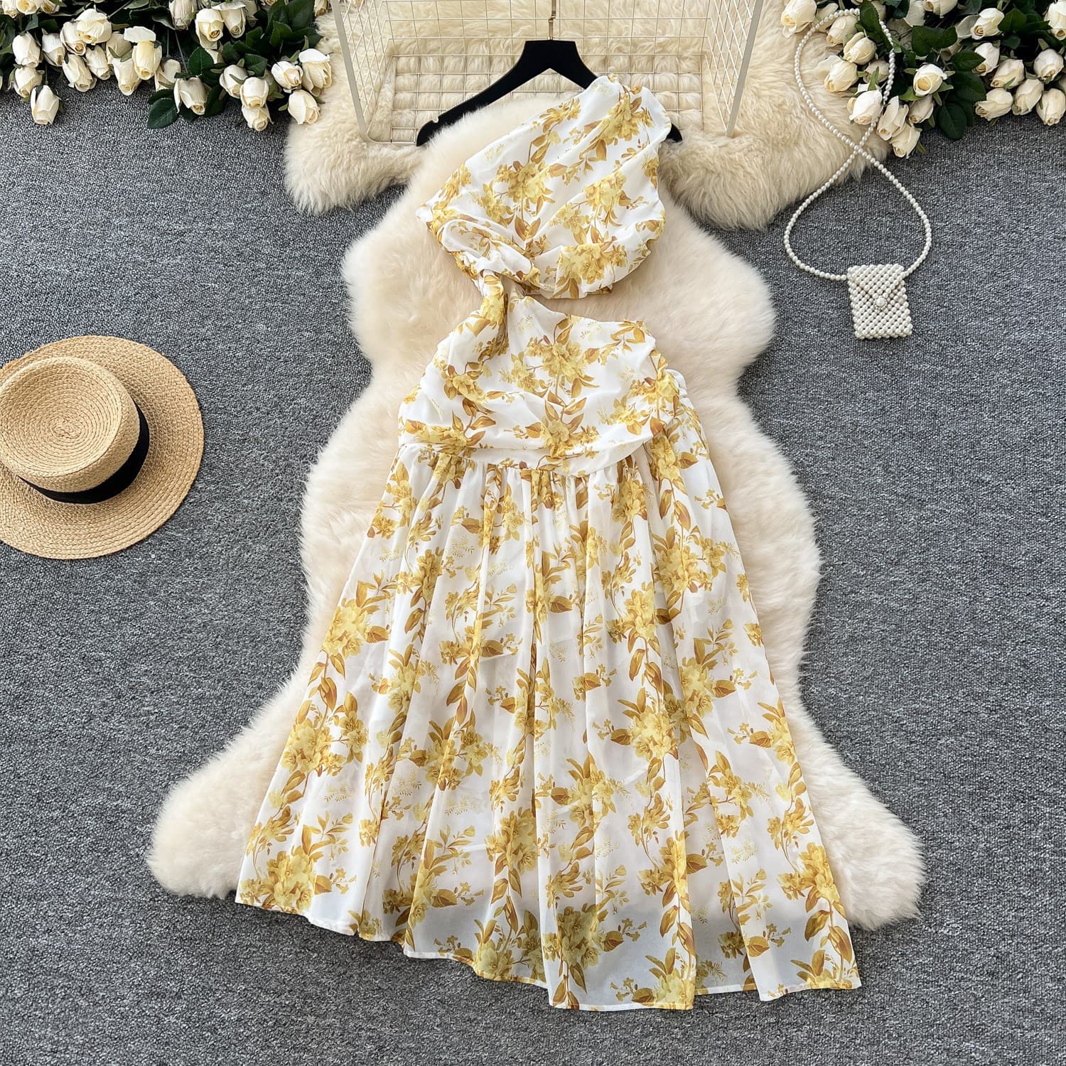 French Inspired Floral Chiffon Dress Alluring Off Shoulder Asymmetrical Waist Revealing Elegant See Through Women's Dress
