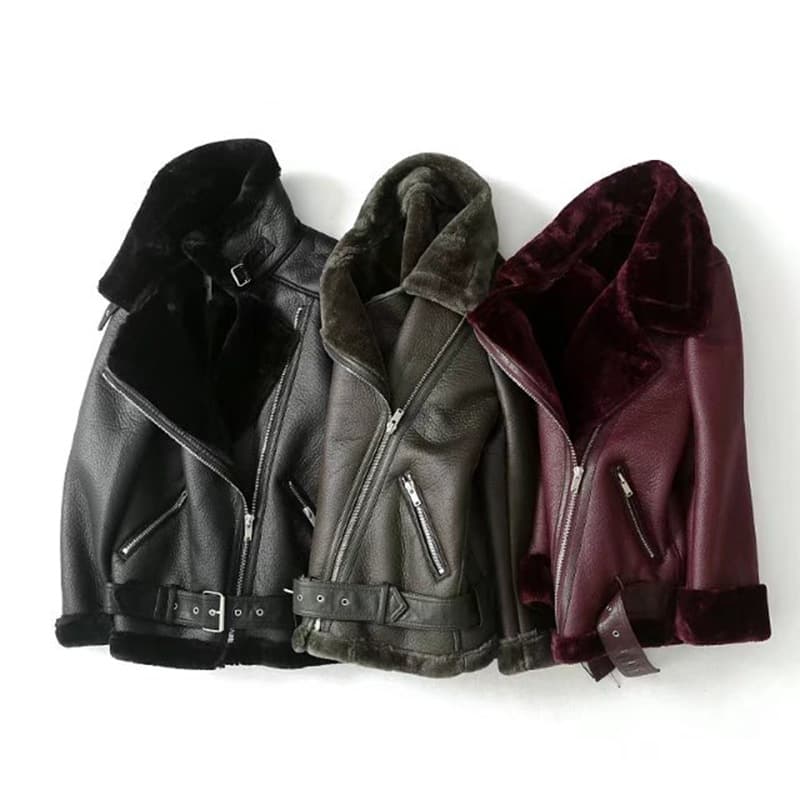 Women's Clothing style winter women's fashion motorcycle version lapel fur one piece thickened warm coat leather jacket for women