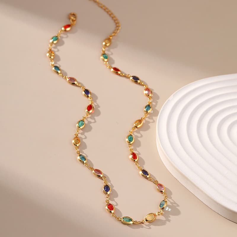 Bohemian style colored glass diamond clavicle chain plated with K real gold chain holiday style travel ethnic style necklace