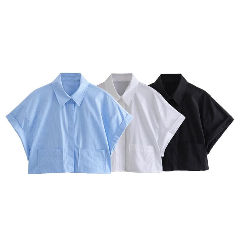 Summer New European And American Style Loose Short Pocket Decoration Poplin Shirt