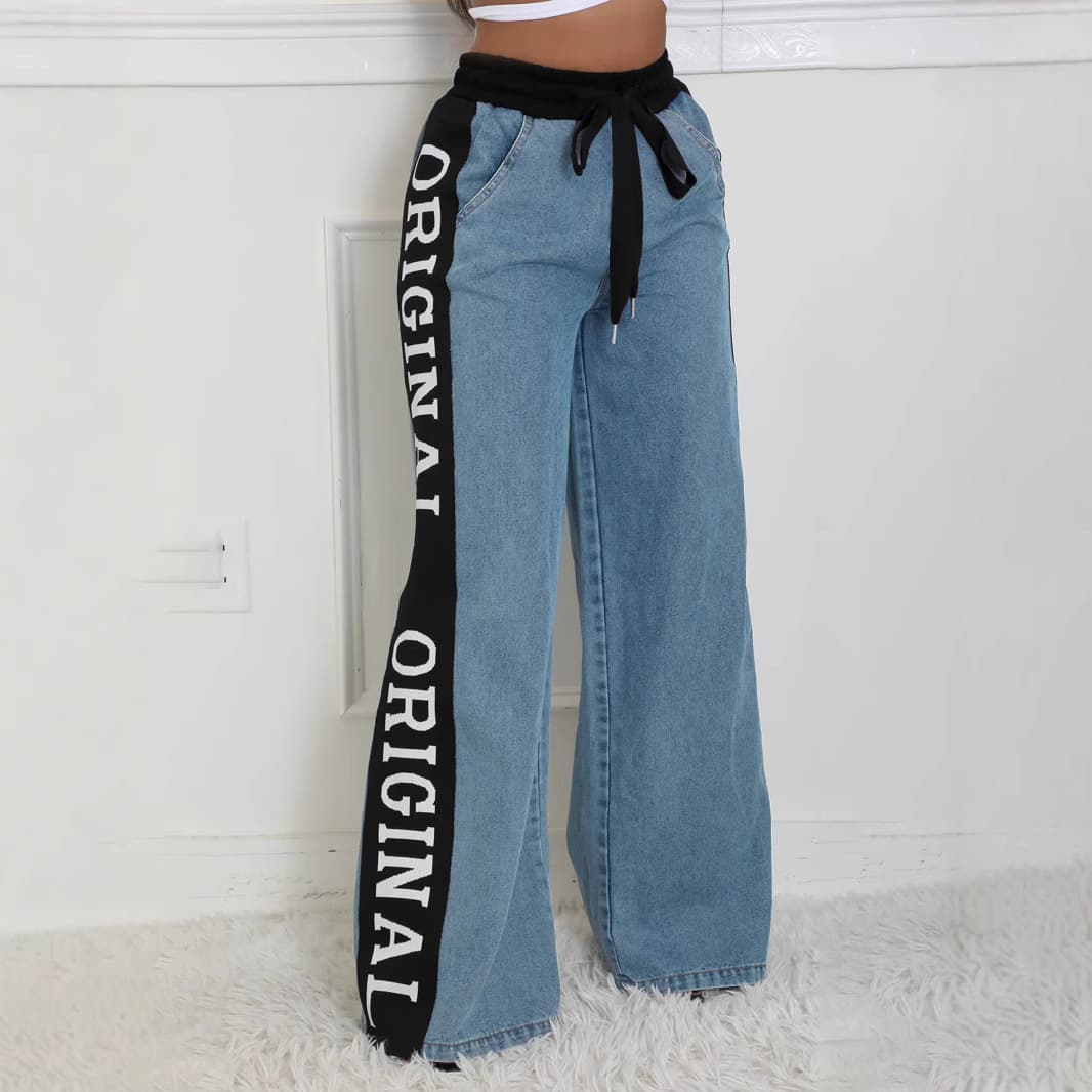 Women's Clothing fashion side letter color matching denim women's elastic waist versatile wide leg jeans casual
