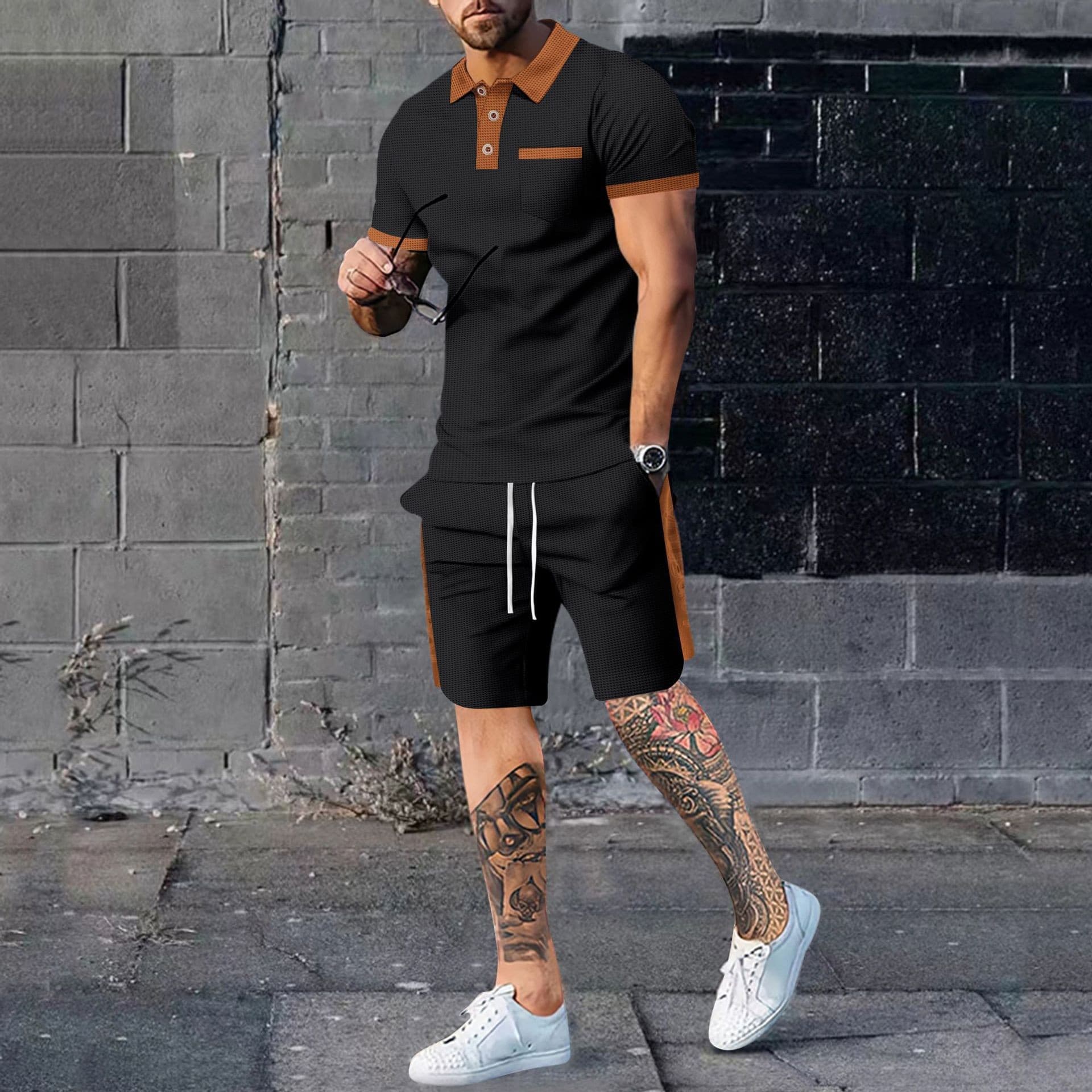 Men's Clothing Waffle Color Matching Short Sleeved Shorts Two Piece Casual Suit