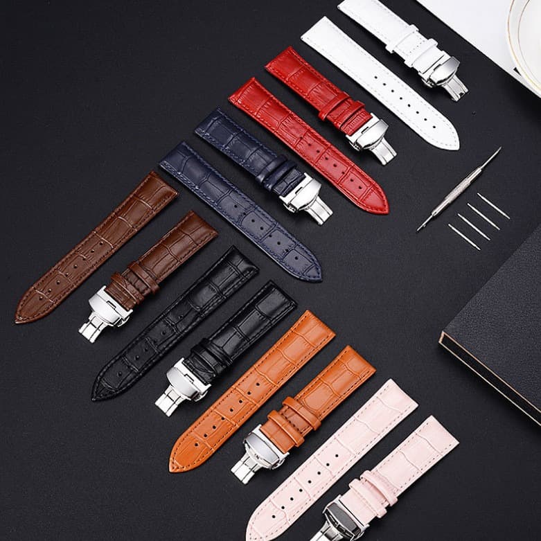 Bamboo Grain Cowhide Leather Watch Strap Butterfly Buckle Soft Belt Smart Watch Strap Calfskin Wrist Strap