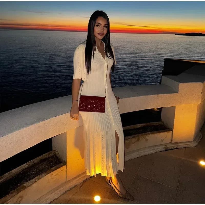 Cross-border European American Women's Fashion New Short-sleeve Buttoned Slit Coat Knitted Dress Stylish And