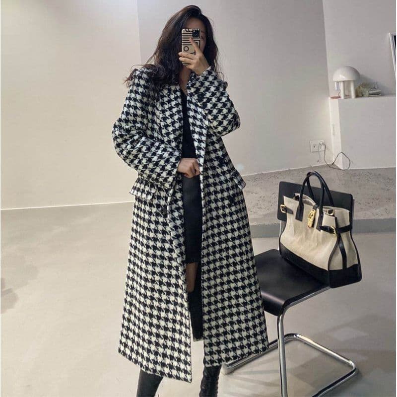 Women's autumn and winter houndstooth long over-the-knee woolen coat for ladies