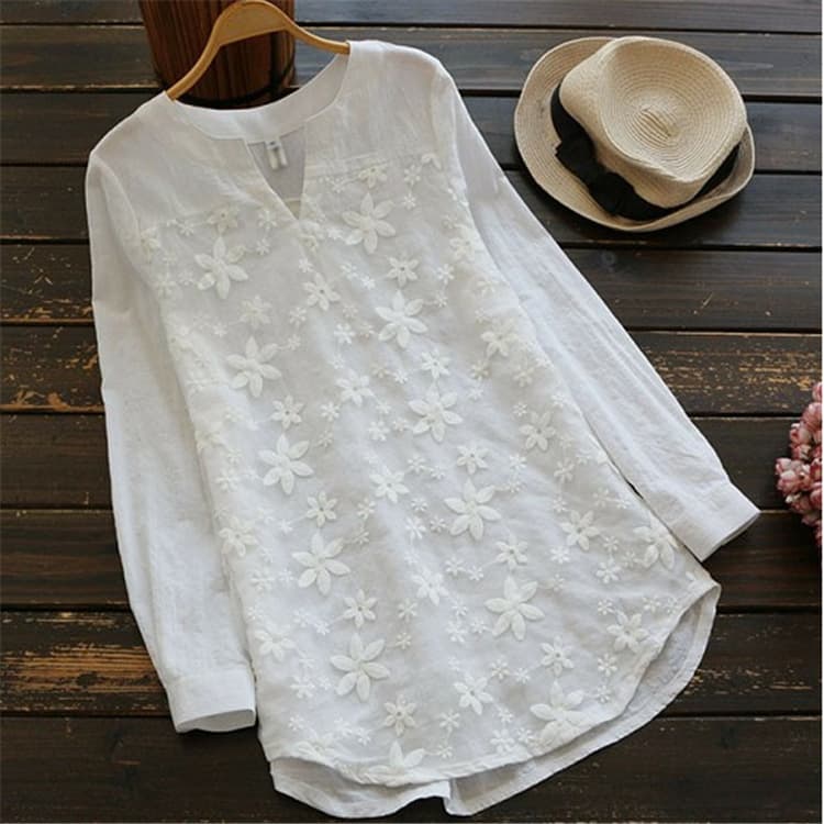 Women's Lace Embroidery Long Sleeve Shirt Loose Top T-shirt
