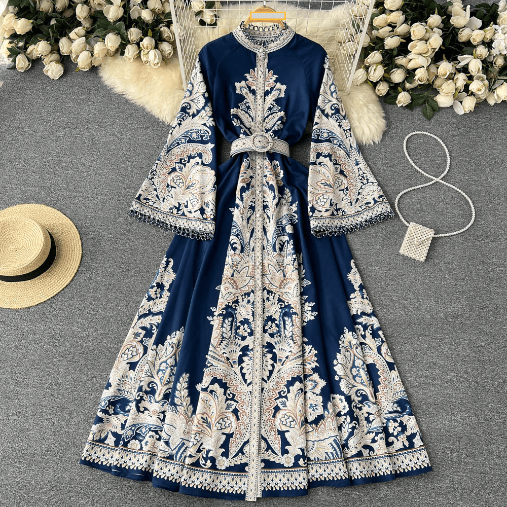 Women's Clothing Spring new style retro printed round neck bell sleeve dress women's single breasted large hem irregular pleated long skirt