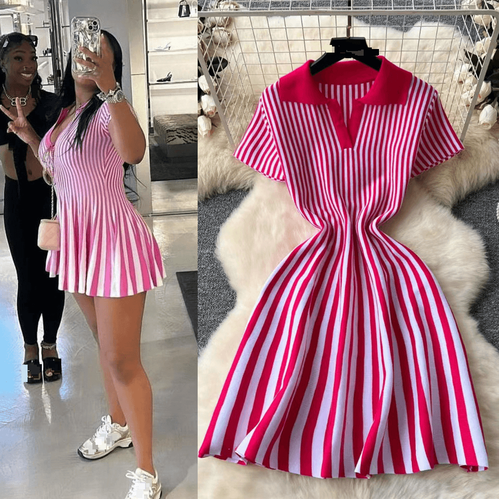 Women's Clothing Foreign trade French contrast retro lapel short sleeve striped knitted dress Women's waist temperament slim A line short skirt