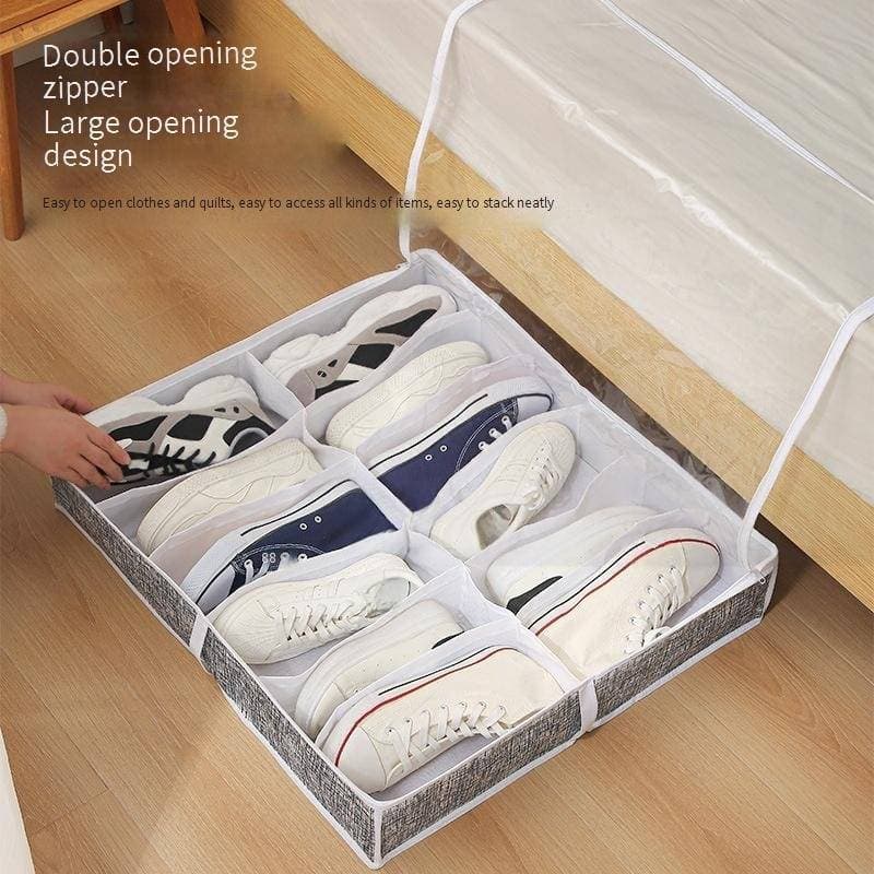 Under-Bed Shoe Storage Box - Clear Foldable Organizer With Dividers (Non-Woven Fabric, Space-Saving, Multi-Purpose)