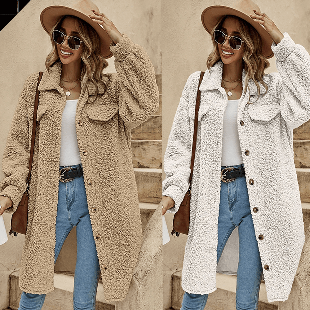 Women's open-button lapel plush coat loose temperament commuter long coat