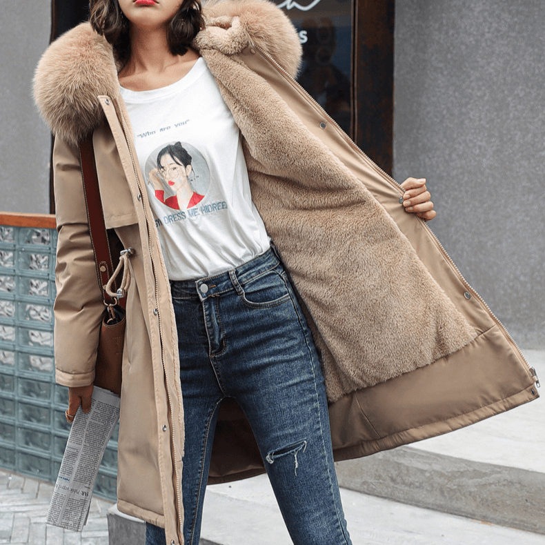 Women's parka cotton-padded woman slim Korean version medium long big fur collar with velvet lining cotton-padded woman coat