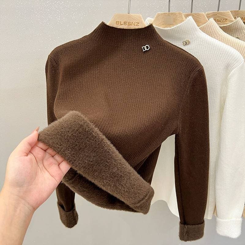 Women's Fleece-Lined High-Neck Knit Sweater - Soft Warm Winter Turtleneck Pullover, Slim Fit Thermal Top For Casual & Office Wear