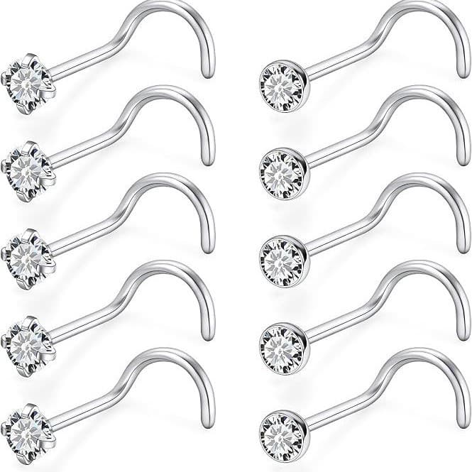 Ear Piercing New Titanium Steel Diamond Encrusted Nose Stud Set, L Bar Curved Diamond Encrusted Nose Stud Combination Set