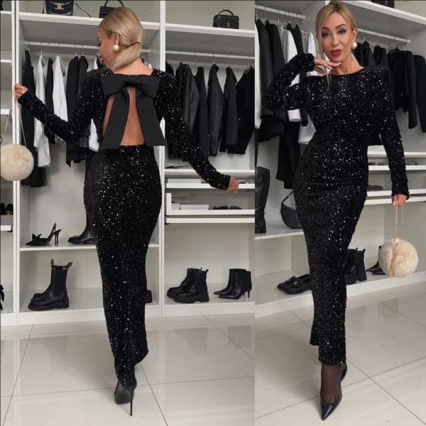 Elegant Sequin Long Dress – Round Neck Long Sleeve Party Gown (Black/Red/Silvery, S/M/L/XL/XXL)