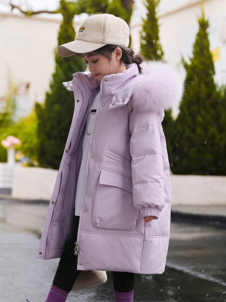 Children's Mid-Length Thickened Hooded Down Jacket Winter Outerwear For Girls Fashionable Coat Medium Size For Big Kids